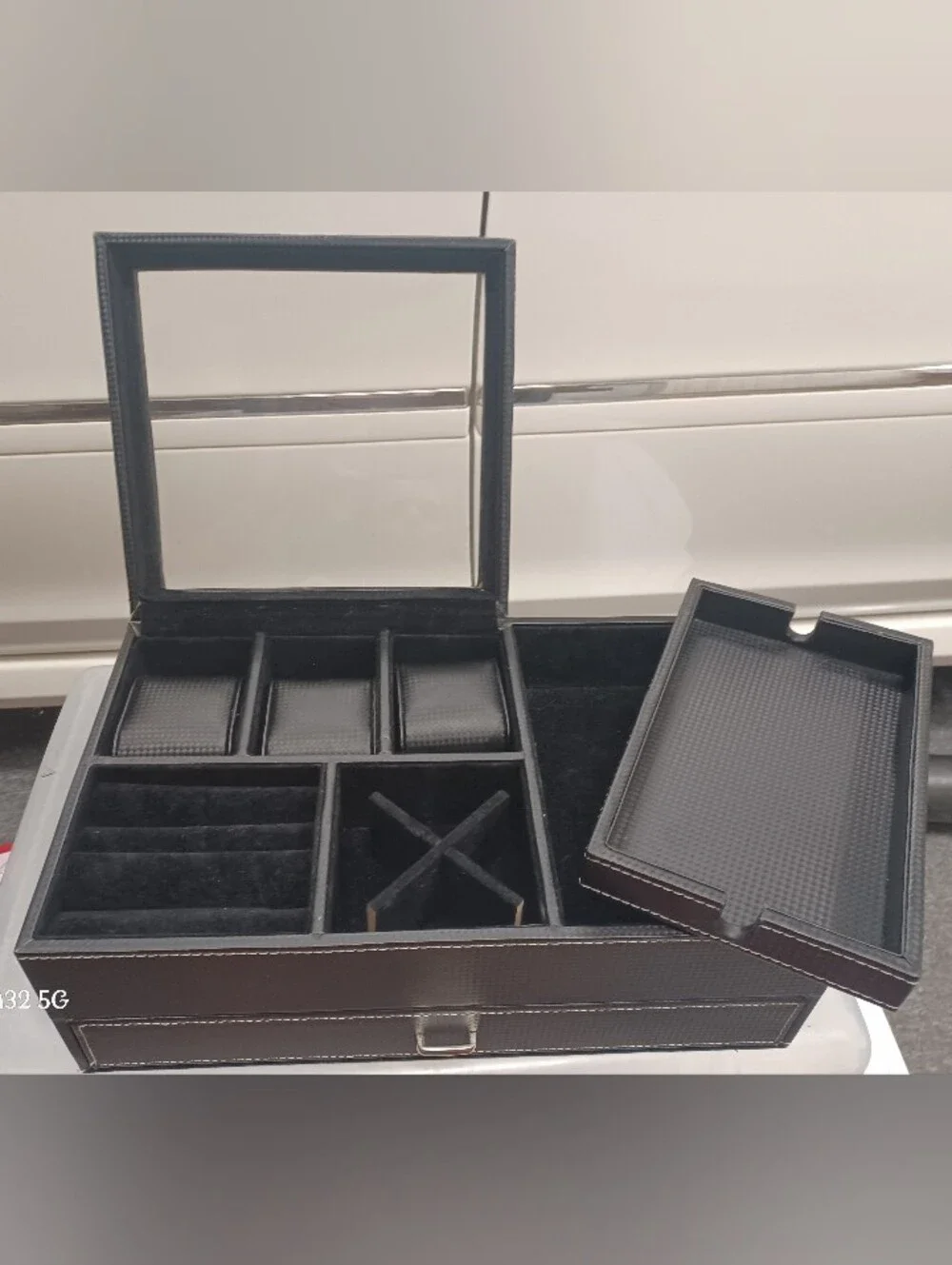 Black Leather Dresser Valet & Watch Box- Carbon Fiber Design